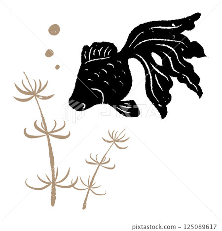 金魚和水生植物的簡單輪廓，木版畫風格，日式風格 125089617