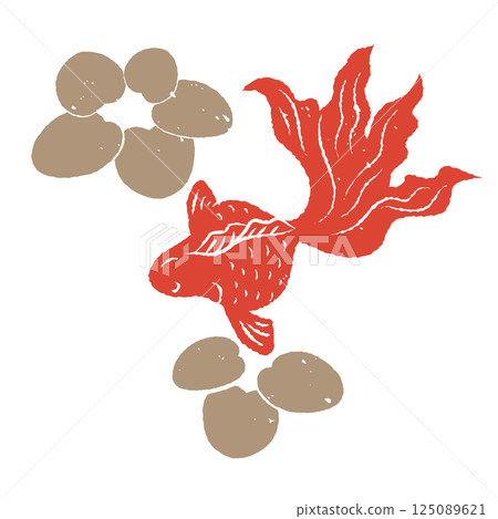 Simple silhouette of goldfish and aquatic plants, woodblock print style, Japanese style 125089621