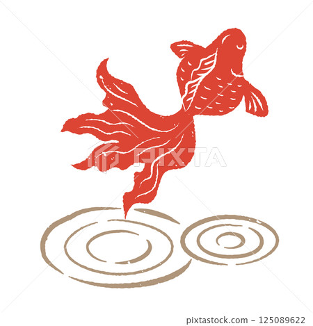 金魚和水波紋的簡單輪廓,木版畫風格,日式風格 金魚和水波紋的簡單輪廓,木版畫風格,日式風格 125089622