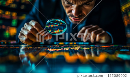 一位西裝革履的男士用放大鏡檢查財務圖表 125089902