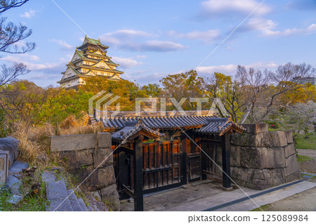 Osaka Castle Tower and Kitashikirimon Gate illuminated by the setting sun during cherry blossom season 125089984