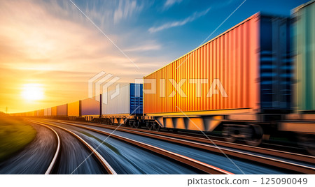 Container train running at high speed, concept of transportation network 125090049