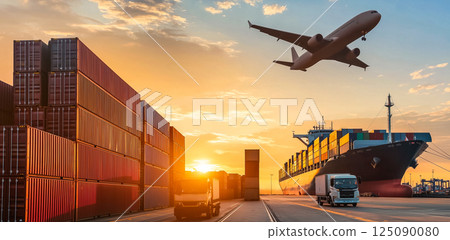 Port logistics terminal with ships, planes, trucks and cranes, sunset colors, global business 125090080
