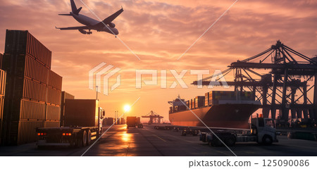 港口物流碼頭，有船舶、飛機、卡車和起重機，日落色彩，全球商業 125090086