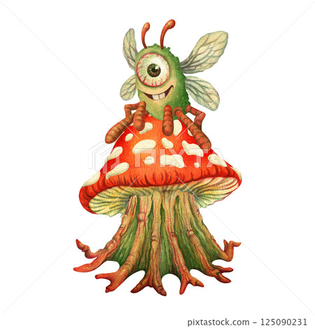 A cute one-eyed monster with fly wings and legs in the shape of red earthworms sits on a fly agaric cap and smiles at the viewer. Watercolor illustration for T-shirt design, postcard, stickers 125090231