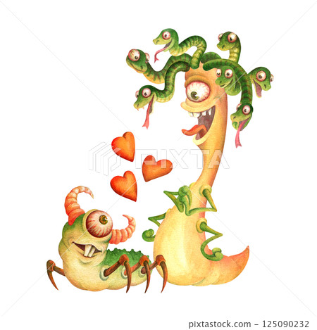 Lovers one-eyed monsters look at each other with affection. Romantic composition of caterpillar-like gorgon with snakes on its head and horned freak with beetle legs for card, sticker, poster design Lovers one-eyed monsters look at each other with affection. Romantic composition of caterpillar-like gorgon with snakes on its head and horned freak with beetle legs for card, sticker, poster design 125090232