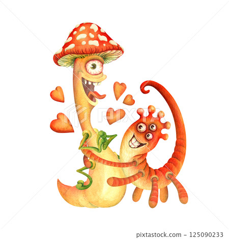 Tender hugs of monsters. Cool tailed monsters hugging. Romantic composition of a caterpillar in a fly agaric cap and a three-eyed centipede for a T-shirt print, postcard design, sticker, poster Tender hugs of monsters. Cool tailed monsters hugging. Romantic composition of a caterpillar in a fly agaric cap and a three-eyed centipede for a T-shirt print, postcard design, sticker, poster 125090233