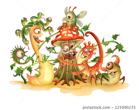 Monster Friendship. Hand drawn fictional weirdos. Watercolor composition of funny laughing and hugging monsters for design of T-shirt, postcard, banner, decoration of friendly theme party Monster Friendship. Hand drawn fictional weirdos. Watercolor composition of funny laughing and hugging monsters for design of T-shirt, postcard, banner, decoration of friendly theme party 125090235
