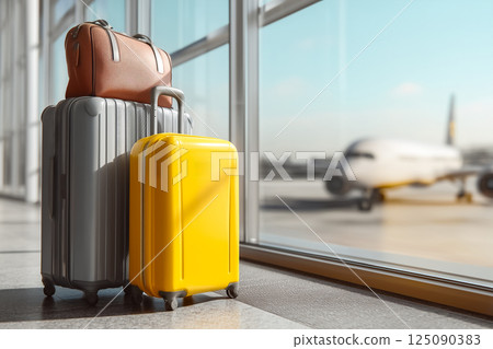 Travel concept, airport scenery with plane taking off 125090383