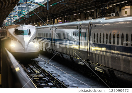 Tokaido Shinkansen entering Tokyo Station in the rain 125090472