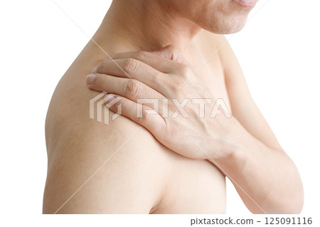 men have neck pain, shoulder pain in the room. health concept. 125091116