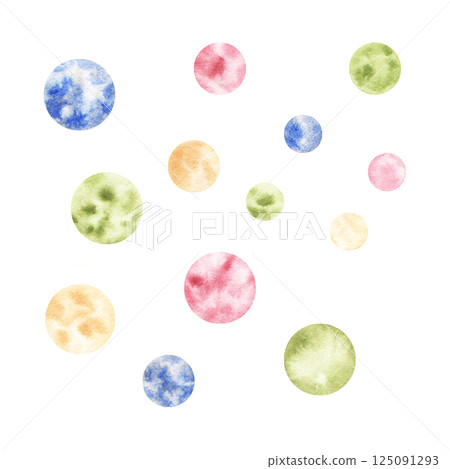 Set of green, blue, yellow, pink balls, bubbles, stains of various sizes. Hand drawn watercolor illustration. For wrapping wallpaper fabric textile 125091293