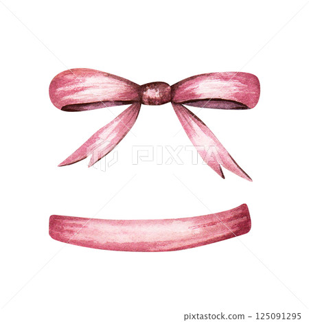 Ribbon, tape and bow. Hand drawn watercolor illustration isolated on white background. For clip art cards invitation label package 125091295