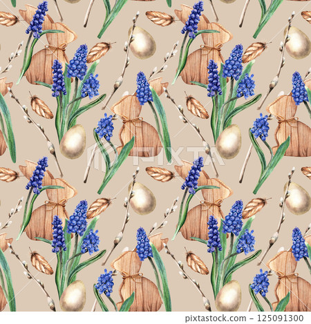 Seamless, repeat pattern with blue grape hyacinth, muscari flowers, pussy willow branches, wooden bunnies, eggs and feathers. Watercolor illustration on brown background. For wrapping fabric textile 125091300