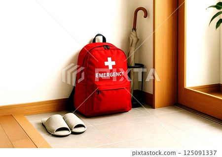 Disaster preparedness backpack for your front door 125091337
