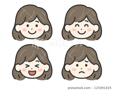 A set of illustrations of women's faces (line drawings in color) with various expressions 125091834