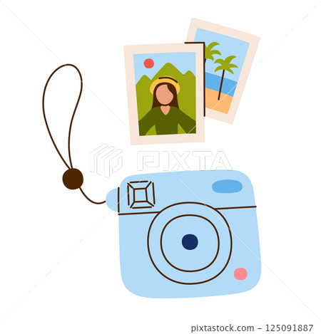 Modern instant camera icon with printed travel photos. Fun accessory doodle for capturing vacation memories. Flat cartoon vector illustration, feminine and playful mood, isolated colored clipart 125091887