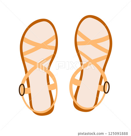 Stylish sandals doodle for women with straps. Summer beach footwear icon for vacation, warm weather, and relaxed feminine outfits. Flat cartoon vector illustration, isolated colored clipart Stylish sandals doodle for women with straps. Summer beach footwear icon for vacation, warm weather, and relaxed feminine outfits. Flat cartoon vector illustration, isolated colored clipart 125091888