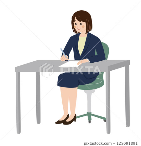 一位女商人在辦公桌前寫文件的插圖(穿著西裝/辦公室職員) 一位女商人在辦公桌前寫文件的插圖(穿著西裝/辦公室職員) 125091891