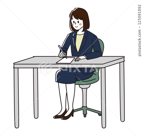 一位女商人在辦公桌前寫文件的插圖(穿著西裝/辦公室職員) 一位女商人在辦公桌前寫文件的插圖(穿著西裝/辦公室職員) 125091892