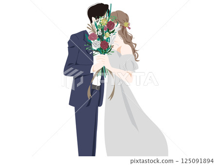 Wedding photo of bride and groom hiding their faces with flowers 125091894