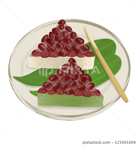 An illustration of a plate of Minazuki (white and matcha), a Japanese sweet eaten in June to ward off the heat during the summer purification ritual 125091899