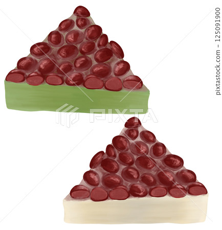 An illustration of Minazuki, a Japanese sweet eaten during the summer purification ritual to ward off the heat, with plenty of red beans on top of Uiro, white and matcha 125091900