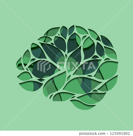 Vector 3D illustration of brains silhouettes from foliage on green background. Layered illustration of eco brain for medicine articles. 125091902