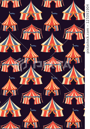 Vector seamless pattern with retro circus vintage tents on dark background. Texture with colorful carnival marquees 125091904
