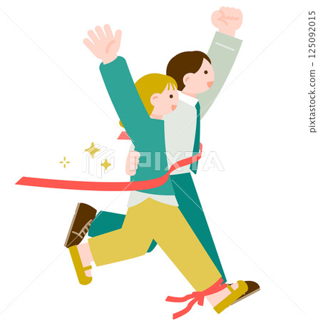 圖解：一名男子和一名女子在三人腿賽跑中到達終點。一對夫妻合作並取得成果的圖片 125092015