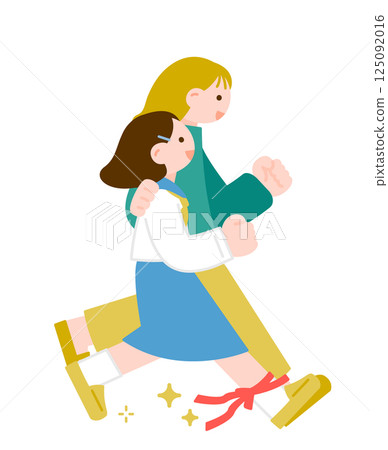 Mother and child running hard in a three-legged race Parent-child cooperation Mother and child running hard in a three-legged race Parent-child cooperation 125092016