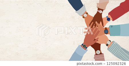 Top view of diverse business team with stacked hands showing unity teamwork and startup collaboration 125092326