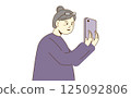 Elderly woman using smartphone with happy expression on white background. Vector illustration. 125092806