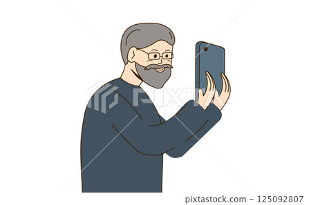 Elderly man using smartphone with happy expression on white background. Vector illustration. Elderly man using smartphone with happy expression on white background. Vector illustration. 125092807