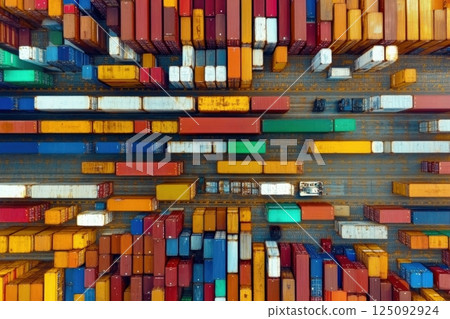 Aerial view of colorful cargo containers lined up in industrial shipping yard 125092924