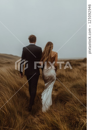 Elegant couple walking in serene countryside during overcast weather Elegant couple walking in serene countryside during overcast weather 125092946