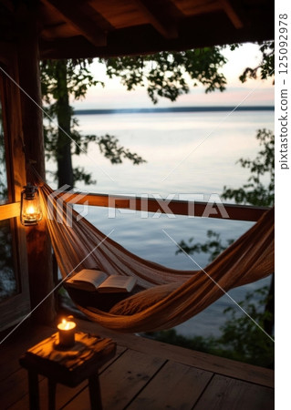 Cozy evening with a hammock, book, and candle by lakeside balcony Cozy evening with a hammock, book, and candle by lakeside balcony 125092978