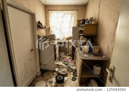 Messy cluttered kitchen interior filled with disorganized appliances and utensils 125093092