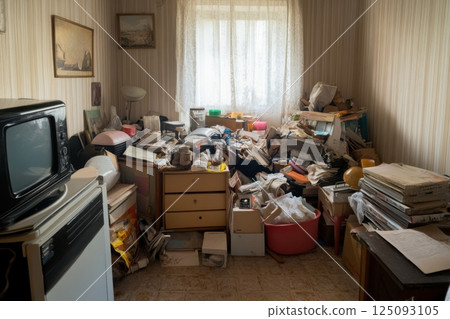 Cluttered and disorganized room filled with various household items and scattered objects 125093105