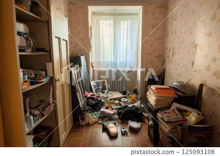 Cluttered room showing disorganization with various items and objects scattered around 125093106