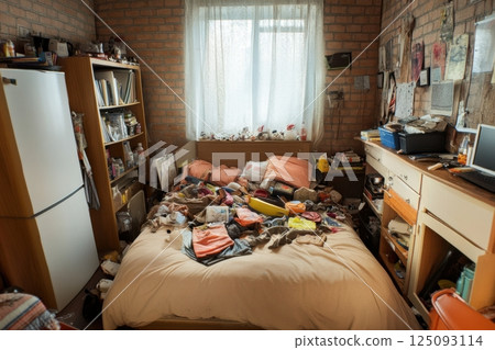 Cluttered bedroom showcasing messy, crowded space with personal belongings everywhere 125093114