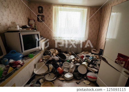 Messy interior with scattered household items and unorganized belongings 125093115