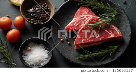 Fresh raw marbled beef steak with rosemary, salt, and pepper on dark plate 125093137