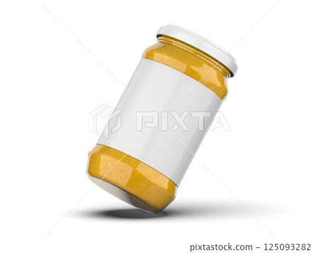 Glass jar with mango jam mockup on isolated white background. 125093282