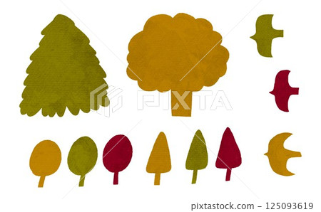 Watercolor-style hand-drawn illustration set of trees and birds_Autumn 125093619