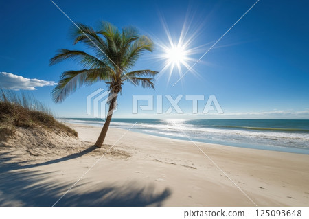 Tropical beach with palm tree under bright sun and blue sky 125093648