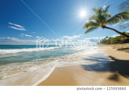 Sunny tropical beach with palm trees and ocean waves under clear blue sky 125093668