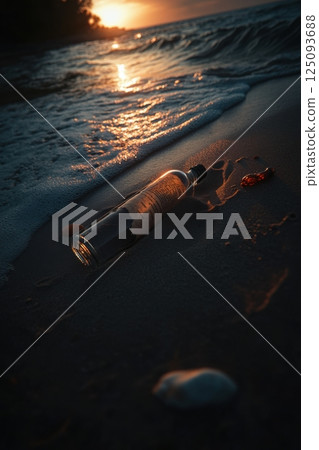 Message bottle washed ashore under dramatic sunset on a sandy beach 125093688