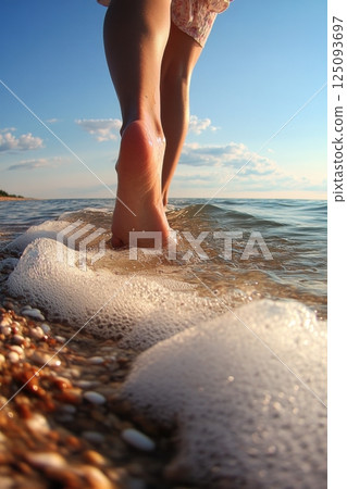 Woman walking along ocean shore with foam and shells under a sunny sky 125093697