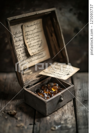 Vintage wooden box with amber gems and handwritten letters on rustic table 125093737